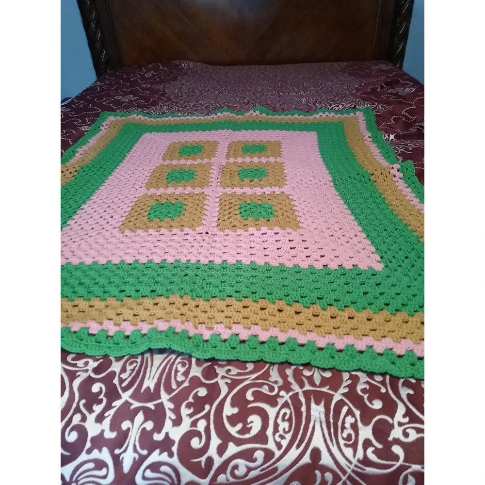 Vtg Handmade Granny Square Blanket Crochet Knit Afghan Throw Blanket 45 X‎ 37